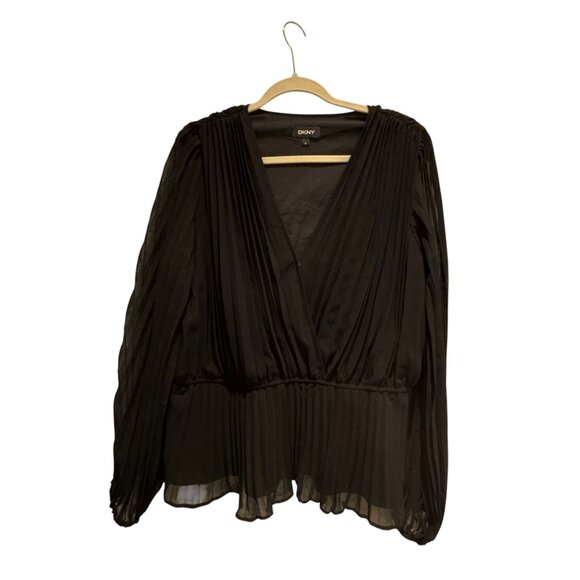 DKNY Black Sheer Chiffon Pleated Blouse V Neck Long Sleeve XL Whimsygoth Career - Picture 6 of 9